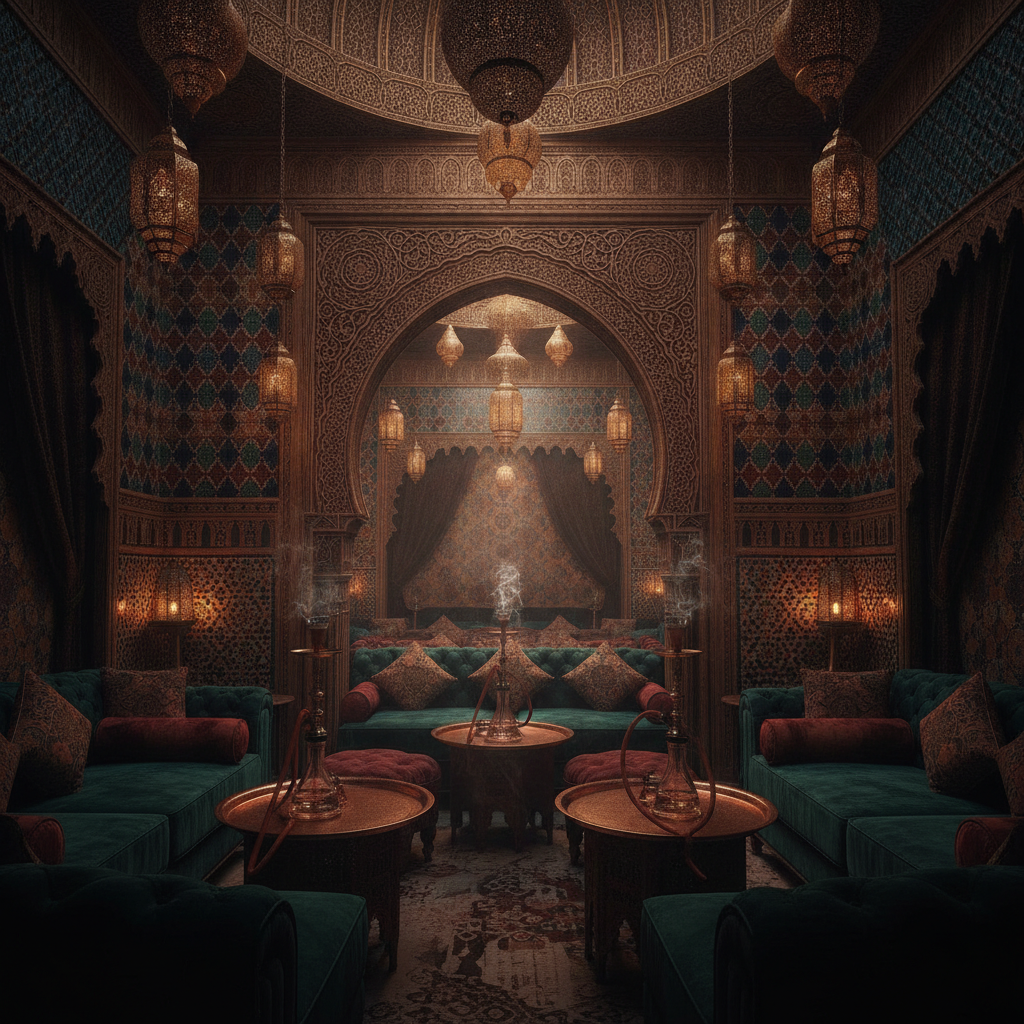Tanca esintili, zellige ve fenerlerle bezeli oryantal Tangiers Lounge iç mekânı