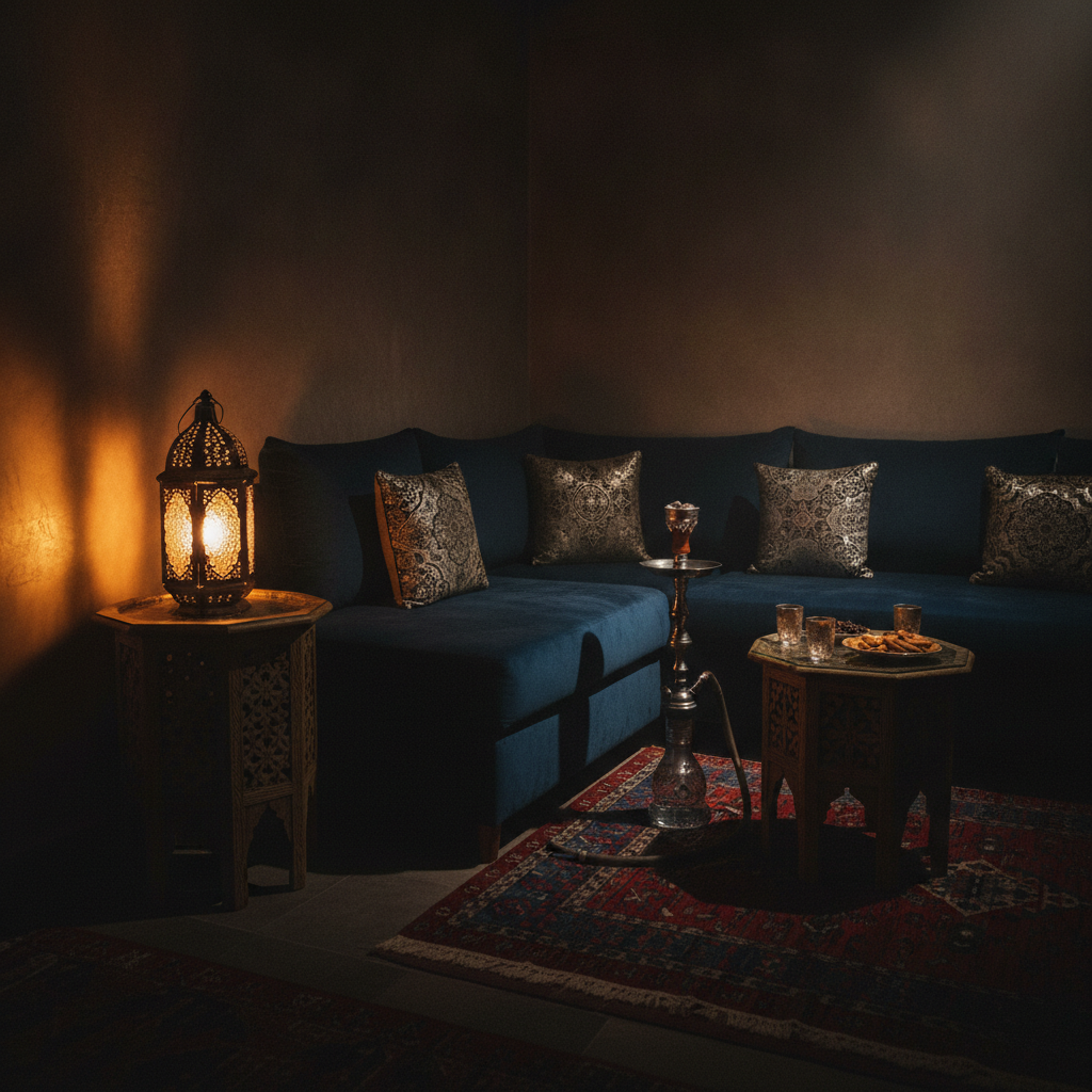 Loş, davetkâr nargile lounge köşesi